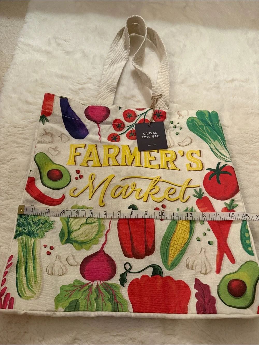 NWT, Farmer's Market Canvas Tote Bag with Colorful Veggie Print